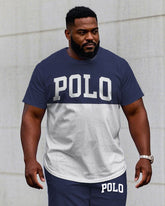 Men's Plus Size Casual Blue & White Colorblock Short Sleeve T-Shirt Shorts Suit